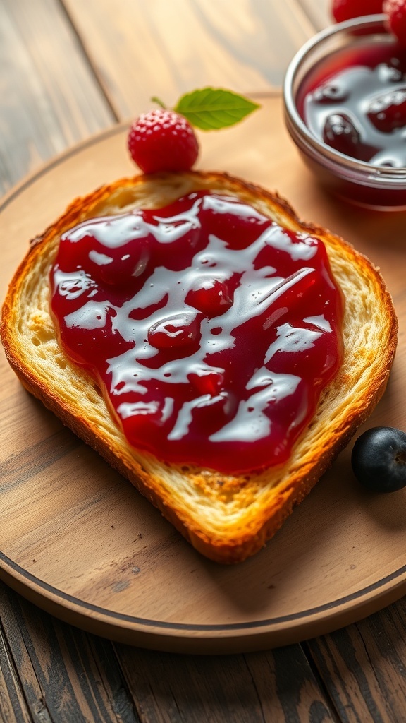 Golden toast with grape jelly on a wooden table, garnished with fresh berries.